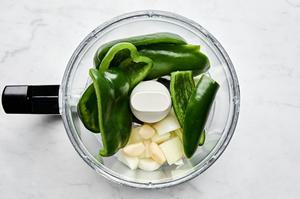 bell pepper, onion, jalapeño, and garlic in a food processor