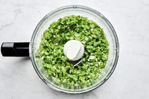bell pepper, onion, jalapeño, and garlic being pulsed in a food processor