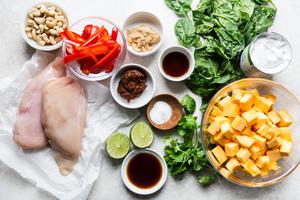 ingredients for slow cooker pumpkin curry in small bowls