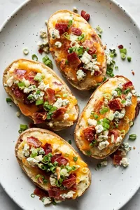 a platter of twice baked potatoes topped with cheddar, blue cheese,  green onions and bacon