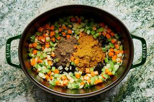 spices added to a pot with cooked onion, carrot, celery and jalapeño