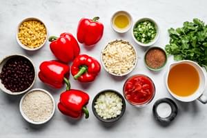 Ingredients for vegetarian stuffed peppers laid out on a counter: peppers, rice, beans, corn, spices and cheese