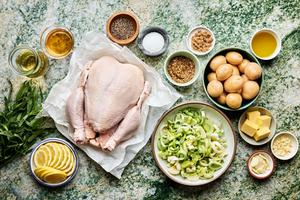 Ingredients for Roasted Chicken with Leeks, Potatoes, and Tarragon Mustard Sauce - a complete one-pan dinner recipe