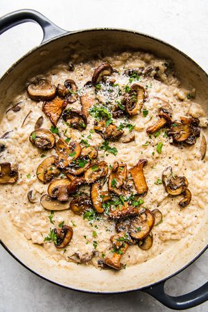 skillet of wild mushroom risotto