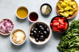 homemade Italian salad ingredients in bowls: parmesan cheese, red onions, black olives, tomatoes and romaine lettuce