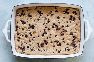 cookie brittle baked in a white baking dish