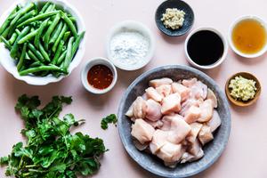 Ingredients laid out for chicken stir fry recipe: Green Beans, chicken breast, cilantro ginger, garlic, sesame oil cornstarch