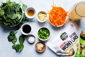 ingredients for easy dumpling soup in small bowls