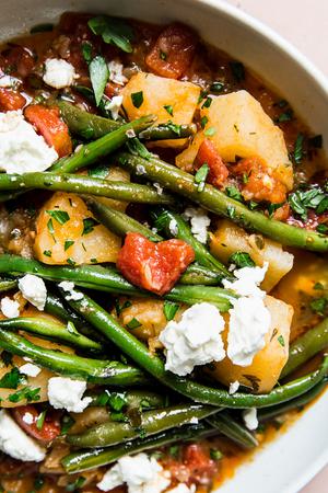 Fasolakia Greek Green Beans feta tomatoes and potatoes