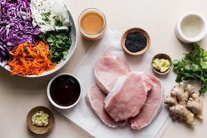 Ingredients laid out pork , hoisin, slaw ginger cilantro