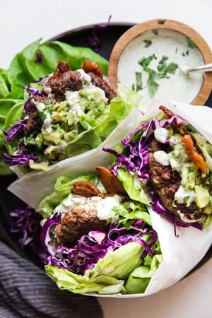 3 Low Carb Bacon Burger With Jalapeño Mayo burgers on a plate