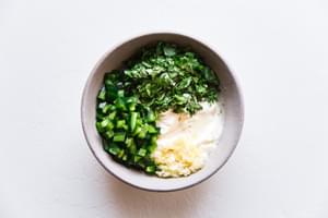 jalapeño aioli in a bowl cilantro, jalapeno, garlic and mayonnaise .