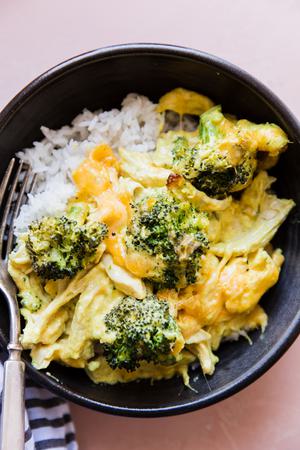 Low carb chicken divan in a bowl with rice.