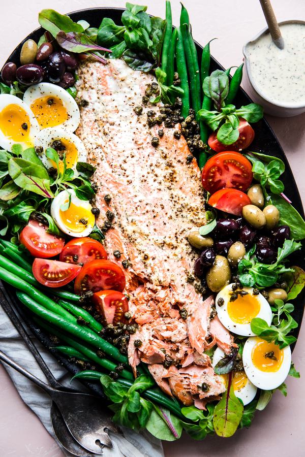 Salmon Niçoise Salad with eggs, green beans, olives and tomatoes