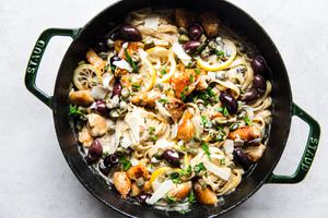 a Pot of Creamy Mediterranean Chicken Pasta