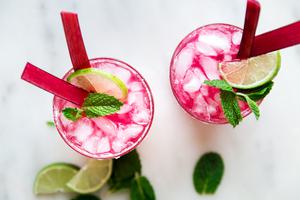 2 Rhubarb Mint Margaritas with Jalapeño Tequila and lime