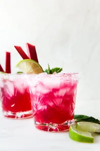 bright pink Rhubarb Mint Margarita with Jalapeño Tequila with lime