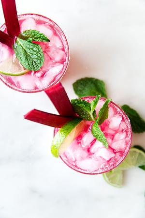 2 Rhubarb Mint Margaritas with Jalapeño Tequila and lime
