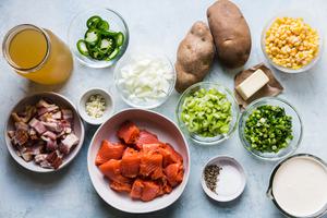 raw salmon, potatoes, corn, chicken stock, bacon, onion for salmon chowder