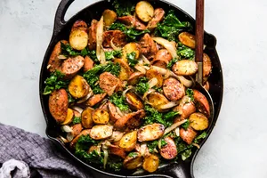 Sausage, Kale and Potato Skillet Dinner with onion