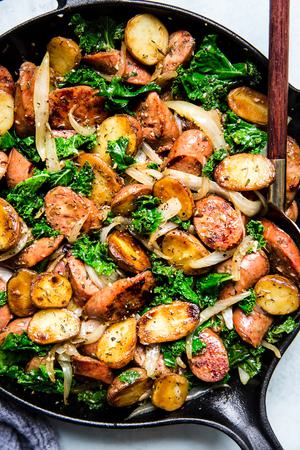 Sausage, Kale and Potato Skillet Dinner with onion