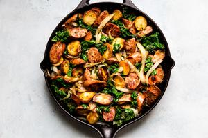 Sausage, Kale and Potato Skillet Dinner with onion