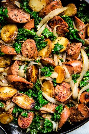 Sausage, Kale and Potato Skillet Dinner with onion