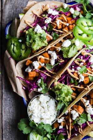Sweet Potato Tacos with goat cheese and guacamole