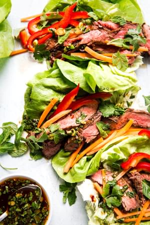 close up of prepared Thai style steak lettuce cups