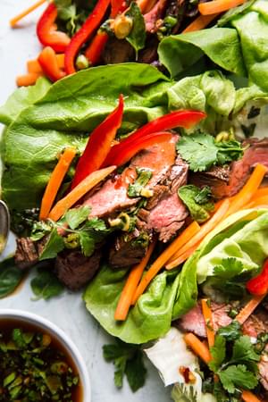 close up of prepared Thai style steak lettuce cups