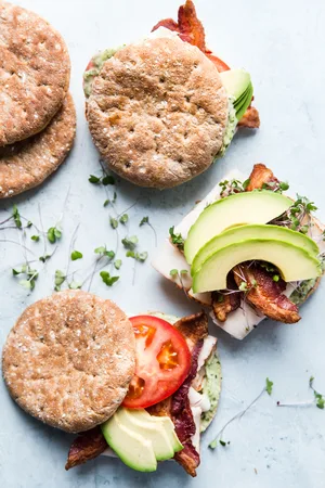 Turkey Bacon Club Sandwich with avocado and tomato