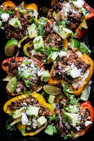 Turkey Quinoa Stuffed Bell Peppers with avocado and black beans