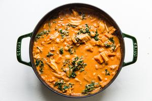 peanut stew with onion ginger garlic jalapeno cumin tomato paste crushed tomatoes chickpeas peanut butter chicken kale