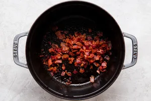 crispy bacon in a soup pot