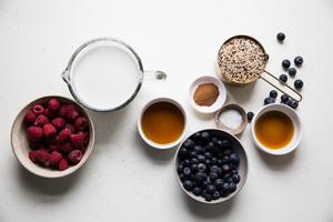 raspberries, blueberries, cinnamon, maple syrup, quinoa salt, vanilla and coconut milk