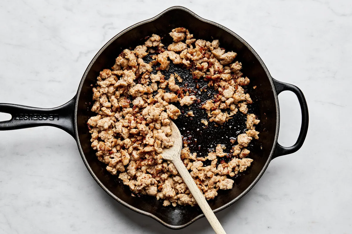 ground breakfast sausage being cooked in a skillet