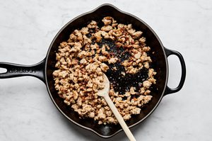 ground breakfast sausage being cooked in a skillet