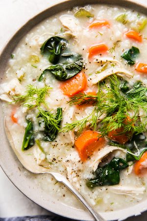A bowl of homemade chicken and rice soup with chicken, vegetables, and herbs in a comforting broth, perfect for cold days.