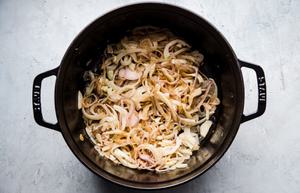 Shallots, Fennel bulb and Garlic in a soup pot