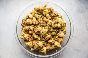 classic sausage stuffing in a bowl
