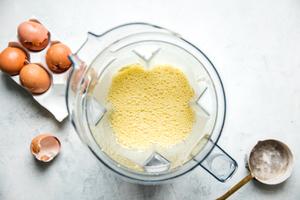 Eggs, flour, salt, vanilla, milk blended in a blender for Dutch Baby pancake