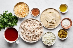 ingredients measured and prepped to make a quick and simple chicken enchilada skillet