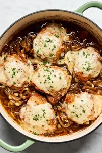 french onion chicken topped with Gruyère cheese in a skillet