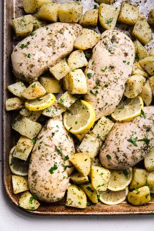 Greek Chicken freezer meal with potatoes, olive oil lemon oregano, garlic, dill. Greek chicken marinade, from a freezer bag.
