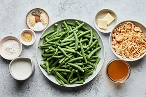 green beans, butter, flour, spices, dijon, chicken stock, half & half and French fried onions to make green bean casserole