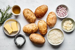 potatoes, butter, olive oil, shallot, garlic, rosemary, salt and parmesan in prep bowls