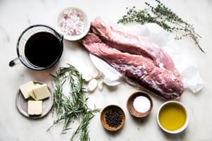 2 lbs pork tenderloin, butter, olive oil, salt, pepper corns, port, thyme and rosemary and shallots