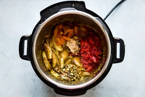 caramelized shallots with crushed tomatoes, pistachios and dried apricots in an instant pot