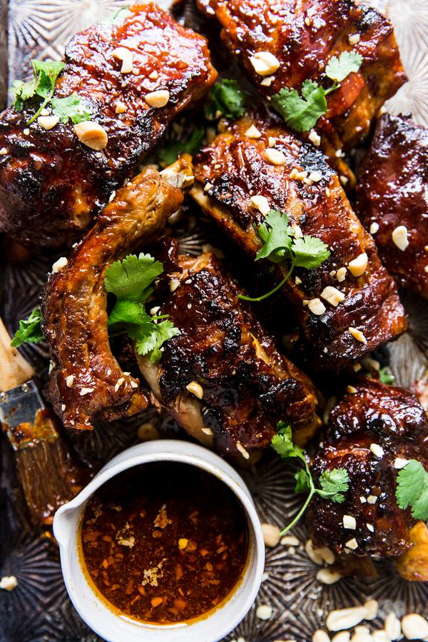Instant pot baby back ribs with cilantro ginger, garlic, honey and lime sauce with peanuts