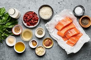 Ingredients for Marry Me Salmon laid out on a surface, including salmon, sun-dried tomatoes, garlic, cream, Parmesan & basil